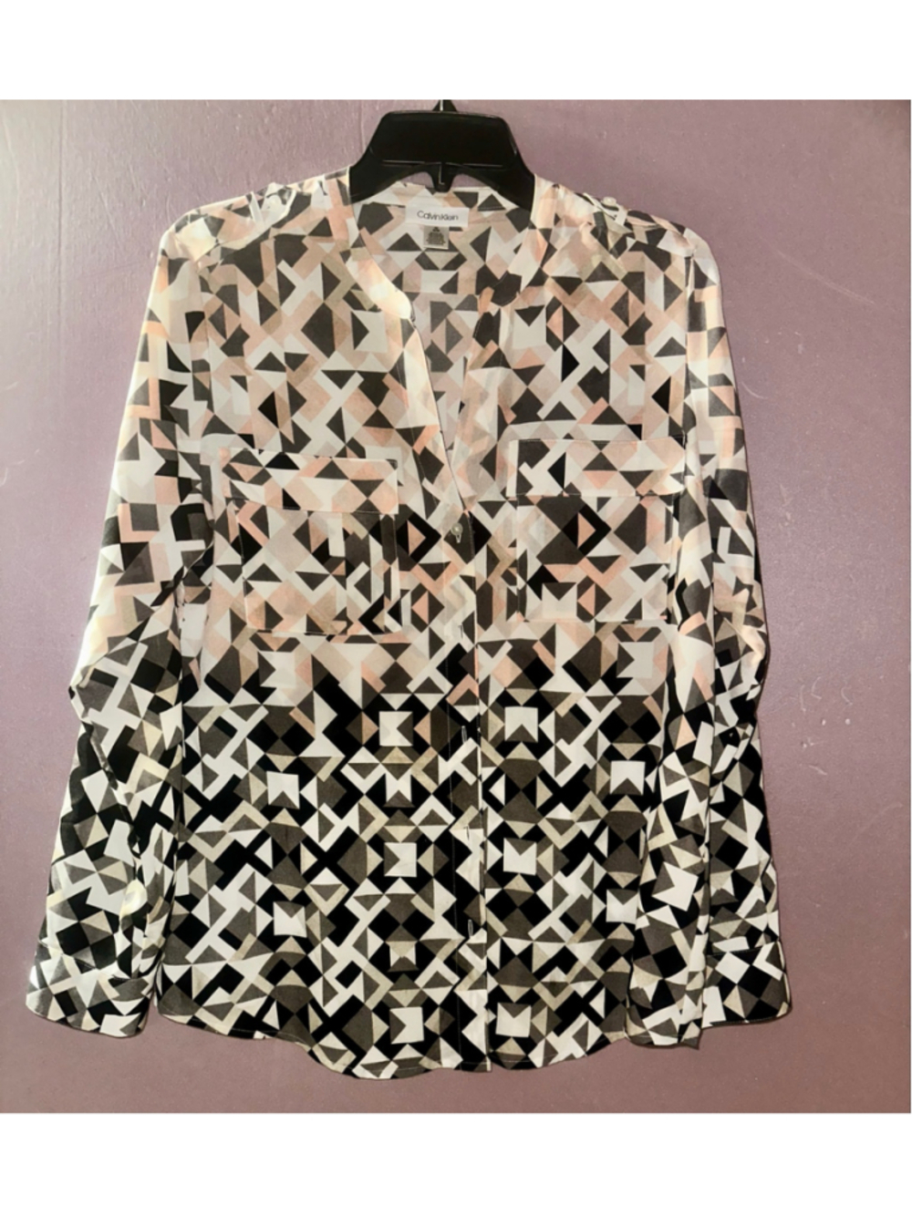 Women's Calvin Klein Geometric Print Blouse Size M Black Beige